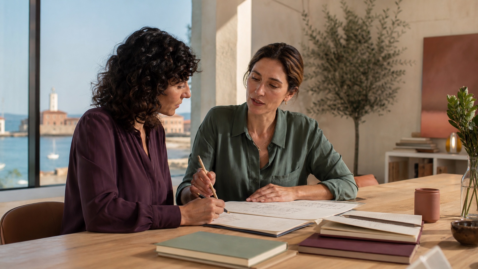 Two adult clinicians reviewing observations together in a sunlit Mediterranean studio